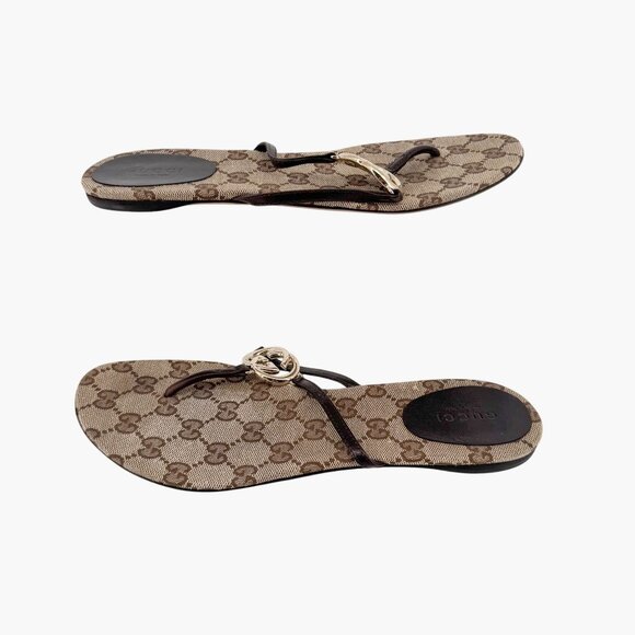 Gucci Interlocking GG Flat Thong Sandals Size 7 Brown Monogram Flip Flop Slide - Picture 8 of 12